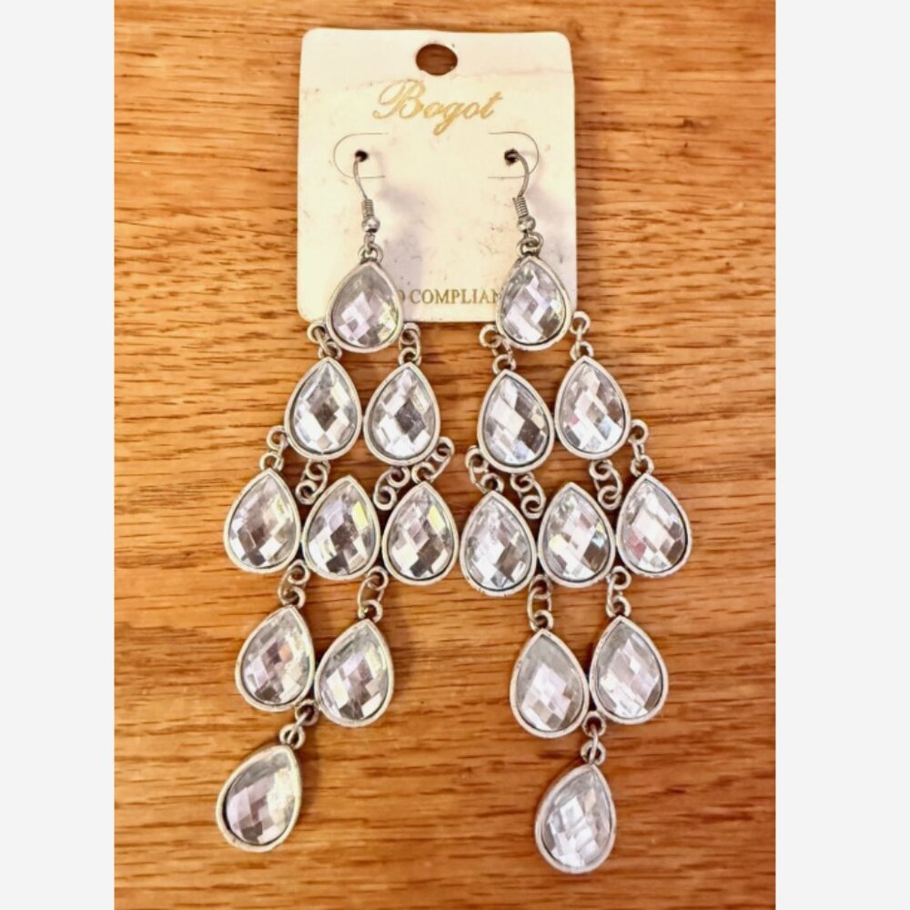 Bogot Clear Pear Crystal Chandelier‎ Dangle Earrings 4.75” New